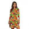 Robes décontractées Multicolore Robe de fête d'arbre de Noël Femmes élégantes Motif d'impression à manches longues Automne Hiver Surdimensionné Mini