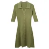 Party Dresses 2023 Spring Women Green Color Dress Slim A-Line Single Breasted Sticking Wid Down Collar Vestidos Kvinna