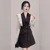 Casual Dresses Zeeromer 2023 Autumn Korean Fashion Patchwork Office Blazer Dress Women Passar Collar Double Breasted Belt Ruffle Mini Party