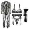 Floral Lace Night Gown 5-Piece Pyjamas Sets Lingerie And Thong Panty Set Women Sexy Underwear Transparent