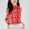 Women's Blouses Summer 2023 Fashion Women Blouse Elegant Chiffon Sleeveless Letter Print Pullover V-Neck Top Office Lady Formal Shirts