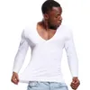 Men's Polos Deep V Neck Tshirt for Men Low Cut Wide Collar Top Tees Male Pure Cotton Slim Fit Long Sleeve T Shirt 231031