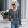 Frauen Blusen Vintage Casual Pendler Lange Ausgestellte Ärmel Schlank Rundhals Leopard Print Blau Hemd Tops Frauen 2023