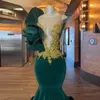 Prom Evening Veet Emerald Green Ruffles Mermaid Arabic Gown Gold Beads Custom Made Party Dress