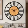Wall Clocks 3D Large Nordic Roman Numerals Retro Round Wood Metal Iron Accurate Silent Hanging Ornament Living Room Decoration 231030