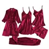 Women's Sleepwear Pajama Set Women Lace Trim Satin Pyjamas Femme Summer Nightwear With Pants Casual Home Wear Kimono Robe Gown PJS