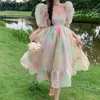 Casual Kleider Sommer Süße Regenbogen Prinzessin Kleid Frauen Koreanische Elegante Quadratische Kragen Puff Sleeve Midi Weibliche Chic Gaze Party293j