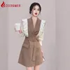 Casual Dresses Zeeromer 2023 Autumn Korean Fashion Patchwork Office Blazer Dress Women Passar Collar Double Breasted Belt Ruffle Mini Party