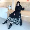 Casual Dresses Women Harajuku Gothic With Belt Elegant Vintage Solid Floral Splicing 2023 Autumn Long Sleeve Fashion Korean Preppy Robe