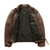 Men's Leather Faux Natural Jacket First Layer Calfskin Stand Collar Motorcycle Retro Brown Cowhide Mens Biker Clothes 231031