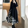 Casual Dresses Women Harajuku Gothic With Belt Elegant Vintage Solid Floral Splicing 2023 Autumn Long Sleeve Fashion Korean Preppy Robe