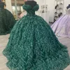 Emerald Green Quinceanera Sweet 16 Dresses Lace Applique Beads Off Shoulder Lace-up Prom Ball Gowns Graduation 15th