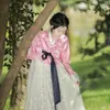 Etnische kleding 2023 High-end traditionele Hanbok-jurk Dames Roze lange mouwen satijnen bloemenjacquard top Witte kanten geborduurde rok 2 stuks