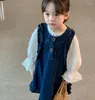 Abiti per ragazza 2023 Ragazze coreane Ruffles Abito in denim senza maniche Autunno Moda Abbigliamento per bambini Abbigliamento per bambini 2-8 anni