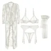 Floral Lace Night Gown 5-Piece Pyjamas Sets Lingerie And Thong Panty Set Women Sexy Underwear Transparent