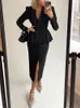 Abito a due pezzi Elegante blazer Gonna Set Donna Autunno 2023 Moda Ruffles Fessura Solido Giacca a maniche lunghe Top Casual Office Lady Gonne