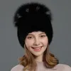 Chapeau en vraie fourrure de vison pour femmes, bonnet tricoté, bonnet de Ski chaud en plein air, chapeau de crâne avec pompon boule de renard