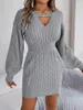 Casual Dresses Loose Tvists Knit Sweater Dress Autumn Winter Women 2023 Hollow Out V-Neck Full Lantern Sleeve Hip Mini