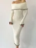 Robe Maxi élégante pour femmes, épaules dénudées, à volants, contraste, dos nu, manches longues, côtelée, robe de soirée, mode dames, automne