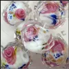 Lampwork Glass Beads Pink Flower Royal Blue Leaves Inside Faceted 80Pcs Rondelle White Glass Beads 12MM1 13030427236m