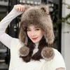 Женская шапка из натурального коричневого меха енота, русская шапка-охотник, зимняя теплая шапка с кошачьими ушками, шапка-ушанка