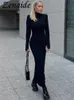 Basic Casual Dresses Zenaide Shoulder Pad Long Sleeve Dress Black Fashion Solid Autumn Women Turtleneck Bodycon Sexy Maxi 231031