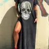 2020 Summer Dress Women Casual Punk Loose Short Sleeve Skull Print Female Dress Streetwear Side High Split Flower Female Vestido Y283f