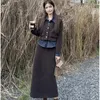 Tvådelad klänning Autumn Short Coat kjol kostym Black Women's Slim Korean Fashion Long Sleeve Y2K och hög midja A-linje