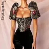 Cryptographique Col Carré Jacquard Désossé Bustier Crop Tops Chemise Manches Bouffantes Sexy Dos Nu Chemises Blouse Femmes Fermeture Éclair Élégant 20252d