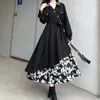 Casual Dresses Women Harajuku Gothic With Belt Elegant Vintage Solid Floral Splicing 2023 Autumn Long Sleeve Fashion Korean Preppy Robe