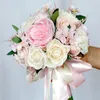 Flores decorativas buquês de casamento para noiva dama de honra rosa artificial flor festa decoração fita de seda