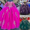 Vestido fúcsia quinceanera 2024 capa glitter tule charro mexicano marmelo doce 15/16 vestido de festa de aniversário para 15ª menina drama inverno formal baile gala apliques de renda dourada