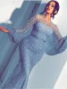 Arabic Beaded Poet Long Sleeves Evening Dresses Champagne Blue High Neck Formal Party Celebrity Gowns Prom