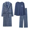 Homens sleepwear 3 pcs homens vestes conjunto moda xadrez roupão tops calças compridas pijamas homewear algodão nightsuit casual masculino roupas de casa