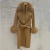 Misturas de lã feminina longo casaco misturado com grande gola de pele real moda fina jaqueta de inverno cinto outwear manguito 231030