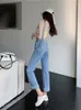 Jeans femininos denim macacões mulheres sólidas macacões básicos bf chique faculdade alta rua escritório senhora elegante longo azul moda