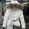 Designer feminino jaqueta puffer jaquetas com gola de pele genuína bordado distintivo casaco com capuz jaqueta de inverno quente com cinto feminino roupas de grife tamanho 1/2/3/4
