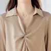 Women's Blouses Spring Autumn Satin Silk Long Sleeved Shirts Korean Fashion V-neck Folded OL Business Work Shirt Female Tops