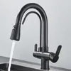 Robinets de cuisine Quyanre grue filtrée noire mate pour pulvérisation extractible, robinet de filtre à eau rotatif à 360 degrés, robinet mitigeur d'évier à trois voies 231030