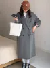 レディースウールブレンドZoki冬の厚いオフィスレディロングコートエレガントなファッションフェイクジャケット女性シンプルな灰色のスリーブオールマッチアウトウェア231031