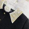 Robes de travail 2023 Automne Hiver Femmes Tissu de laine à manches longues Perles Paillettes Perles Épissé Veste Mini Jupe Costume Formel Noir Deux Pièces