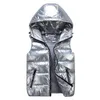 Kamizelka do kamizelki dla chłopców z kapturem ciepłe odzież wierzchołka dla dzieci błyszcząca płaszcz Baby Girl Sleveless Kurtka zima Winded Waterproof Watercoat 231030