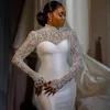 Bescheiden lange mouwen afneembare sleep trouwjurk kant zeemeermin geappliqueerde tule bruidsjurken op de rug voor Afrikaanse dame verlovingsevenementen