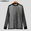 Men's Polos INCERUN Men T Shirts Shiny Mesh Patchwork Streetwear O neck Long Sleeve Camisetas 2023 Transparent Sexy Fashion Clothing 5XL 231031