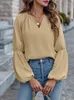Kadın Bluzları 2024 Moda Ofisi Old Kadınlar Katı Üstler V Neck Lady Sıradan Puff Uzun Kollu Zarif Gevşek Blusas Resmi Blusa Mujer
