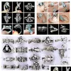 Anneaux de bande 20pcs 20 Designs Animal Metal Top Styles Mélangez Cicada singe sier sier-plaqué Anneau en gros de bijoux de fête de fête Dhyqn