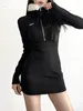 Casual Dresses IAMSURE Solid Furry Trim Bodycon Dress Sexy Slim Zipper Long Sleeve Mini For Women 2023 Autumn Winter Streetwear