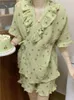 Kvinnors sömnkläder pyjama sätter kvinnor söt snörning mysig enkel grön design sommar tryck lös grundläggande japansk stil ruffles lounge slitage hem