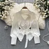 Damesblouses Chique Zoete Lint Geplooide Lange Mouw V-hals Blouse Slanke Chiffon Elegante Koreaanse Mode Top Sexy Damesshirt