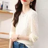 Women's Blouses Stylish Lace Jacquard Weave Blouse Spring Autumn Casual Solid Color Clothing Round Neck All-match Chic Beading Shirt